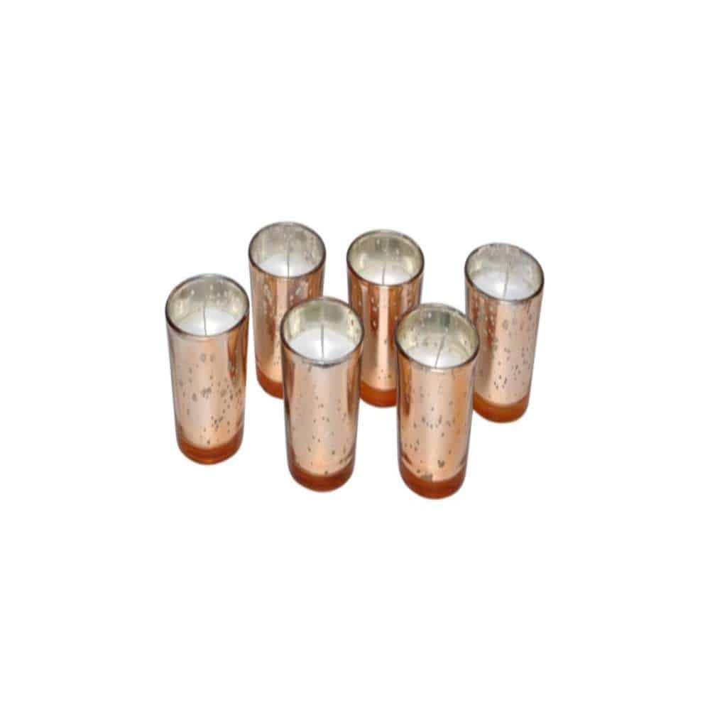 Elegant Copper Mercury Glass Wax Filled Votives - Pack of 24 for Centerpieces Silver Mercury Glass Wax Filled Votive Pk of 24 (2.5″x2.25″)