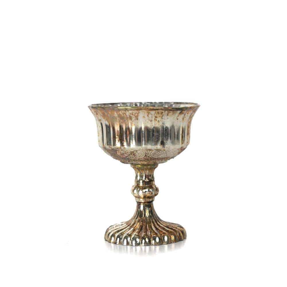 Gold Mercury Glass Bowl on Pedestal with Lines (4.5″x4.5″)