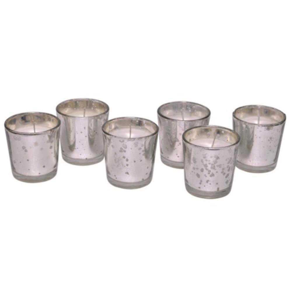 Elegant Silver Mercury Glass Votives - 24 Bulk Decorative Wax Candles Silver Mercury Glass Wax Filled Votive Pk of 24 (2.5″x2.25″)