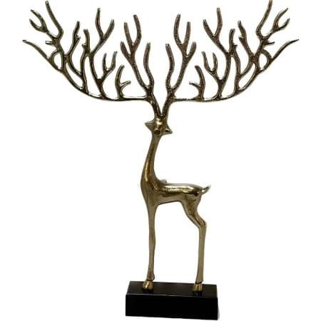 Gold Deer with antlers on wood stand 27″x 23 “