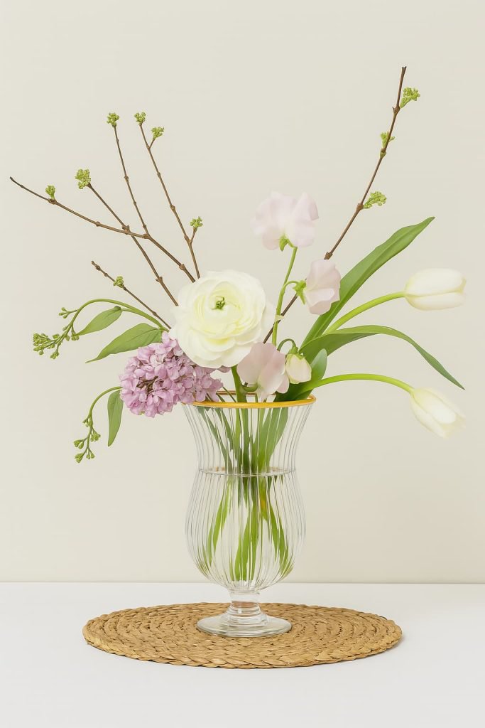 A vase with white and pink flowers on a table, minimalist design spring.